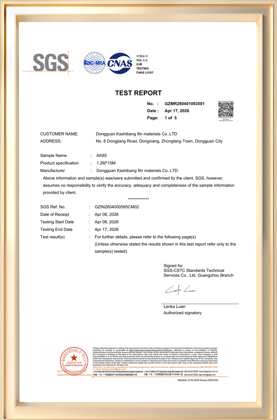 AK85 windshield film stone chip resistance test report