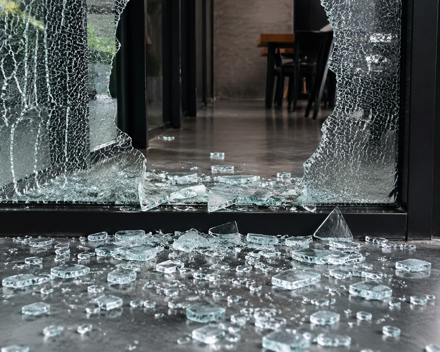 Glass without safety film shatters and scatters