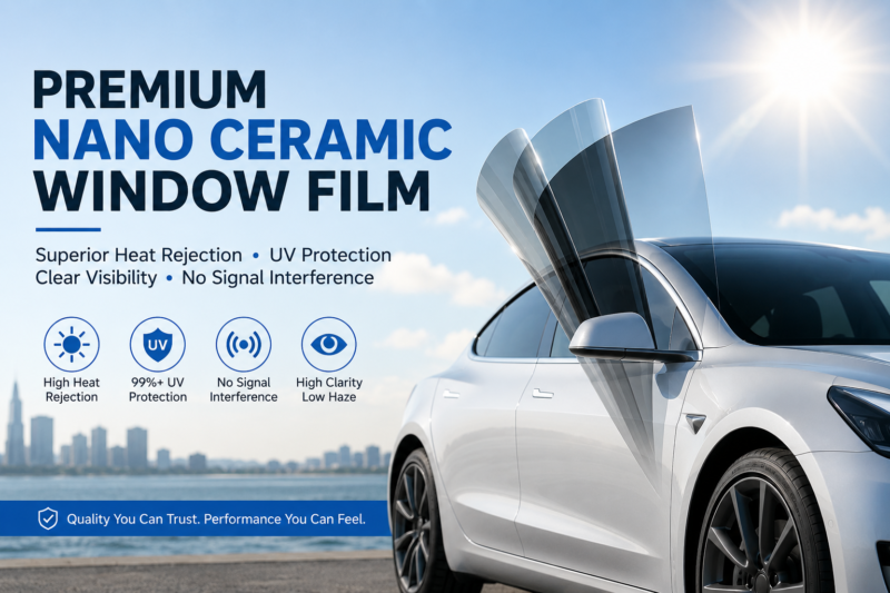 Real nano ceramic window film infographic showing heat rejection, UV protection, signal-friendly performance, and factory manufacturing process