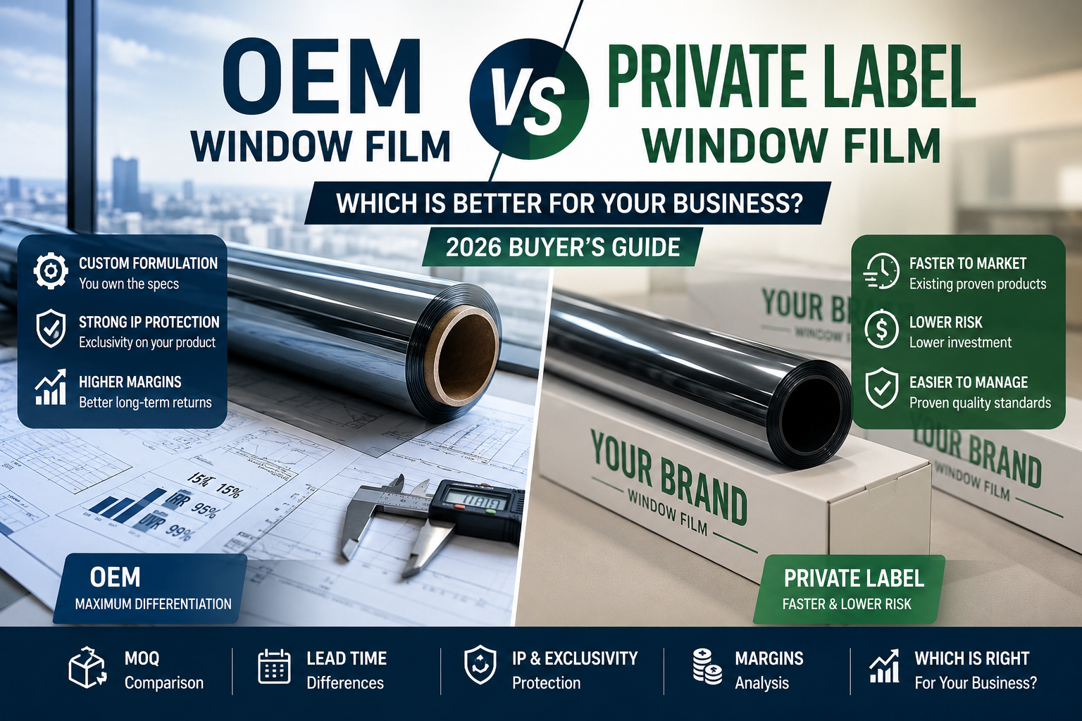 OEM vs Private Label Window Film comparison showing customization, MOQ, lead time, and branding differences