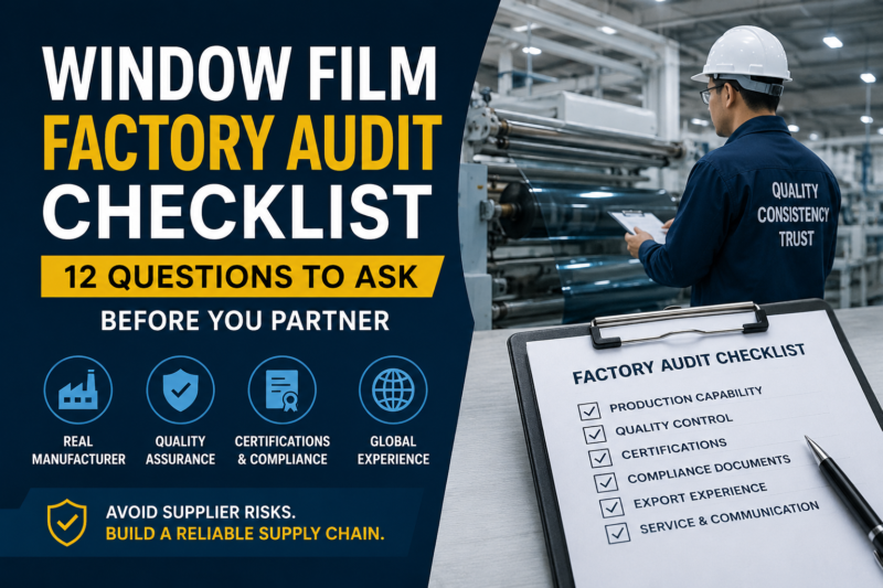 Window film factory audit checklist cover image showing a professional factory inspection process, production line, quality control checklist, and window film manufacturing equipment in China.