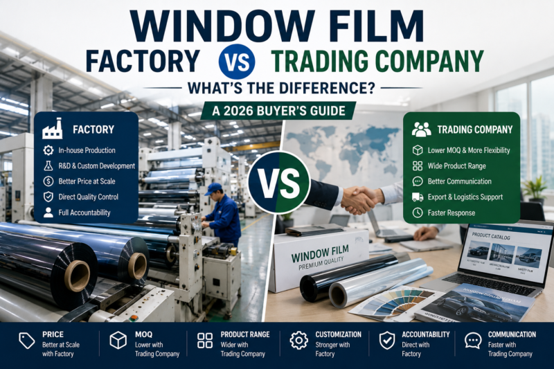 Window film factory vs trading company comparison showing production capabilities, MOQ, pricing, customization, and sourcing advantages