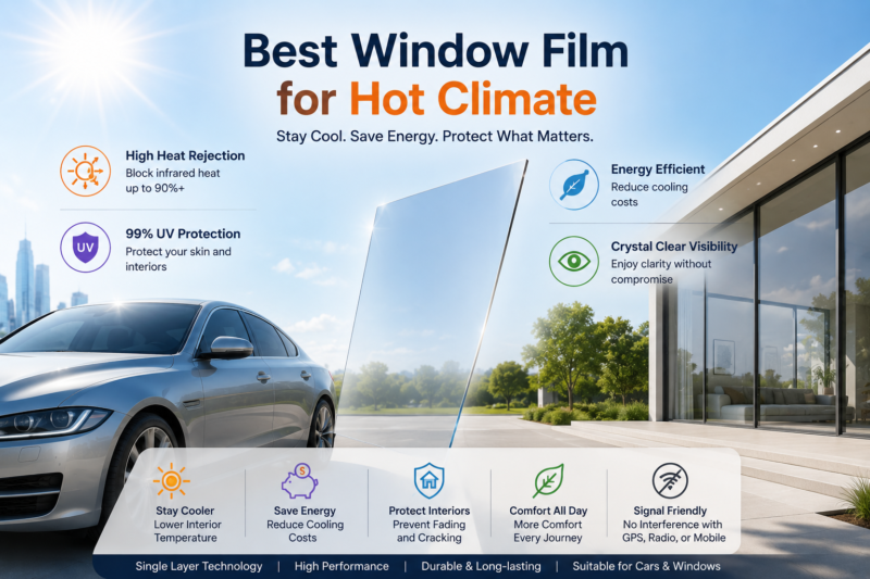 window film with high heat rejection, 99% uv protection, and crystal clear visibility for hot climate driving