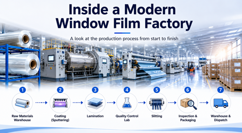 inside a modern window film factory production line with coating sputtering lamination quality control slitting and packaging process infographic