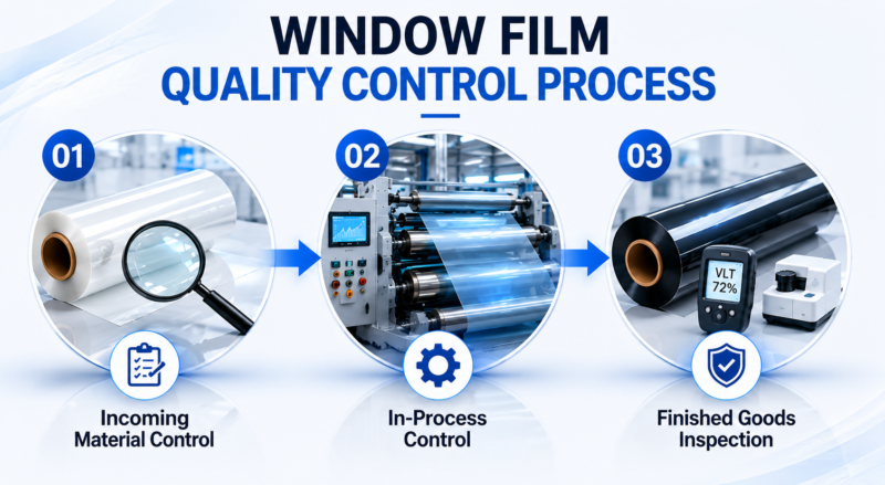 window film quality control process infographic with material incoming inspection, in-process production monitoring, and finished goods testing in a modern factory environment