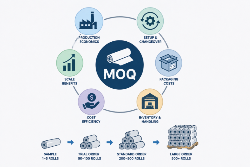 window film MOQ infographic showing minimum order quantity levels from sample rolls to large bulk orders with production and packaging icons