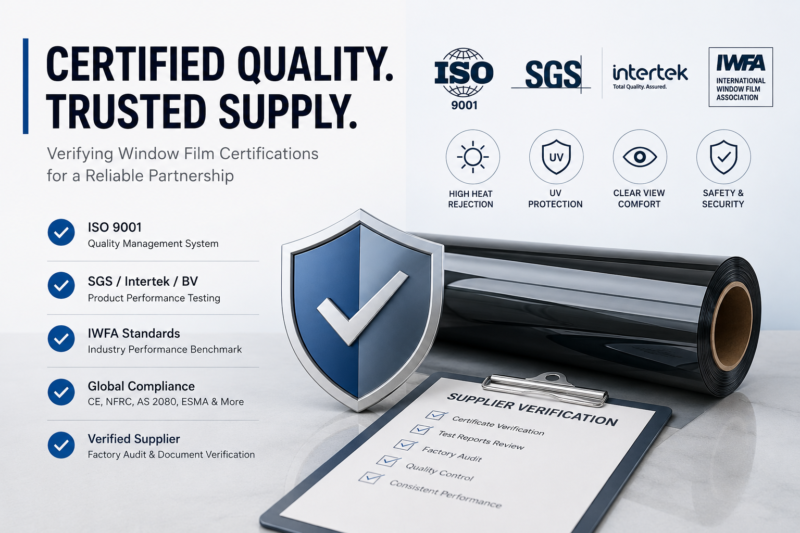 window film manufacturer certifications with ISO 9001, SGS testing, IWFA standards, and supplier verification for quality window film sourcing