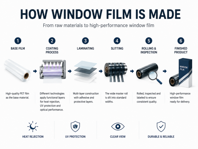 Simplified infographic showing the window film manufacturing process, including PET base film, coating types (dyed, metalized, carbon, nano-ceramic), multi-layer construction, adhesive and release liner, and quality inspection steps.