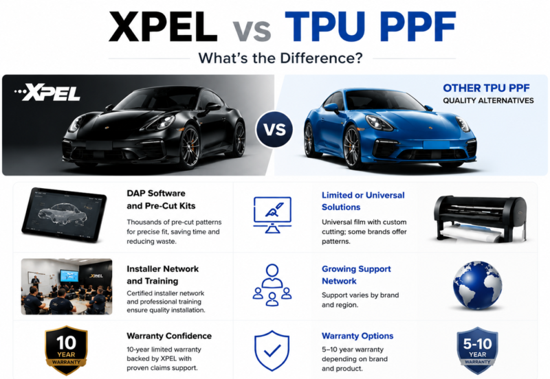 Side-by-side comparison infographic showing XPEL and other TPU PPF products focusing on DAP software, installer training network, and warranty confidence
