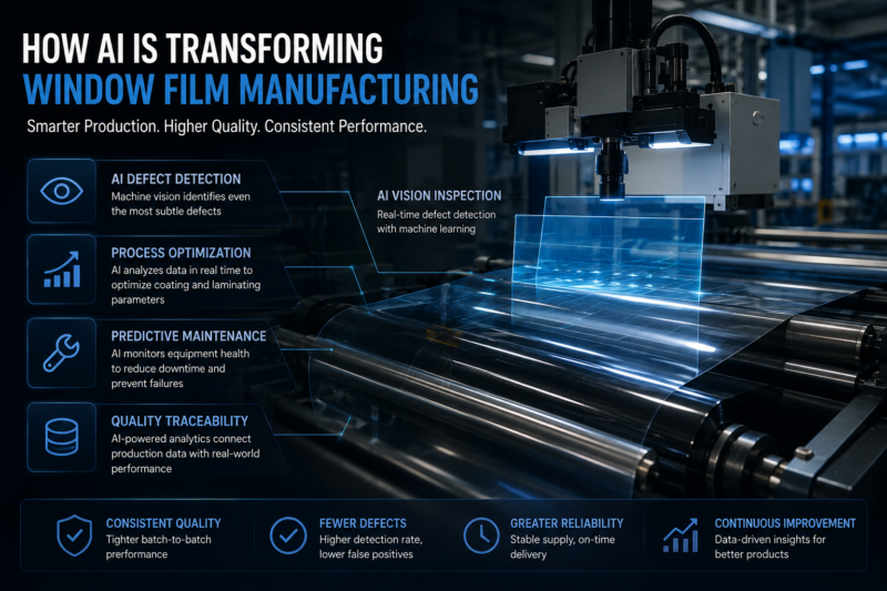 AI-powered window film manufacturing system with machine vision inspection and automated quality control on a nano ceramic film production line