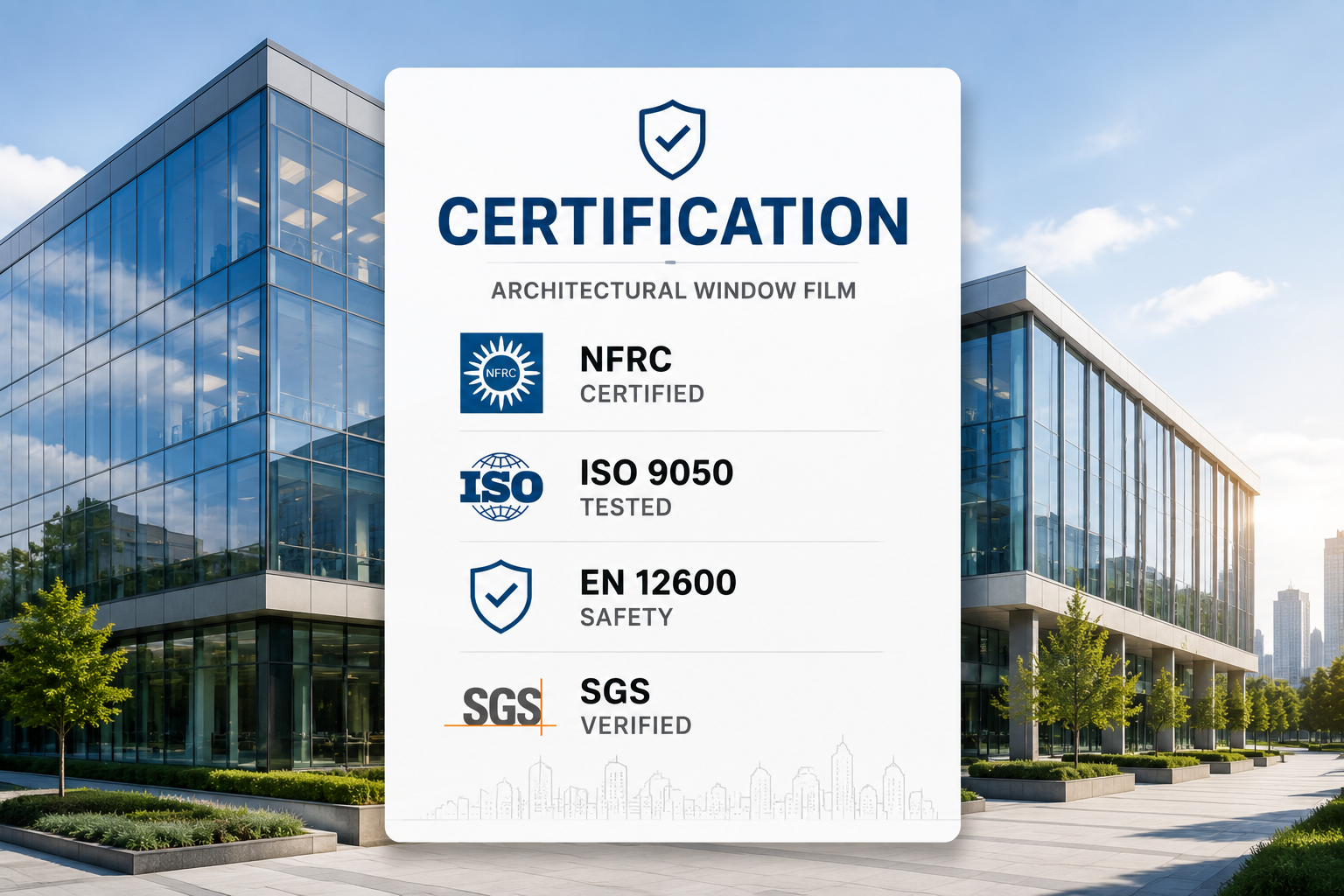 architectural window film certification document showing NFRC ISO EN12600 and SGS verified standards for commercial buyers
