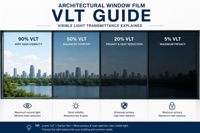 architectural window film VLT guide showing 5%, 20%, 50%, and 90% visible light transmission levels for commercial building glazing selection