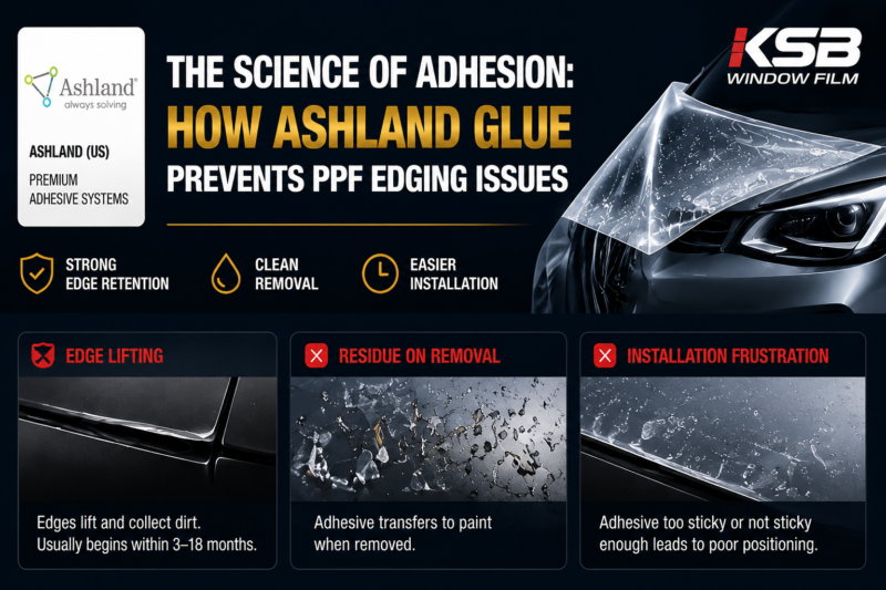 Ashland PSA adhesive system PPF infographic showing strong adhesion performance edge retention installation working window and clean removal comparison for automotive paint protection film