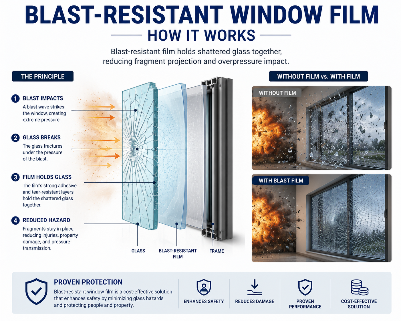 blast resistant window film diagram showing how safety film holds shattered glass together during an explosion to reduce fragment hazards in commercial buildings