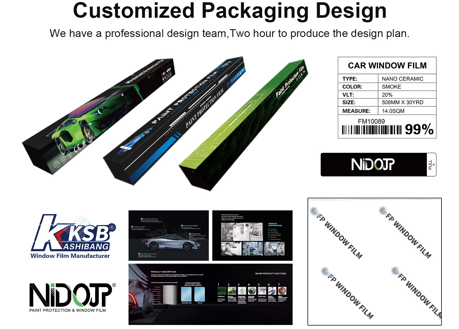 window film OEM packaging design solutions with custom logo printing, private label boxes, display kits, and branding services for automotive window film and PPF products