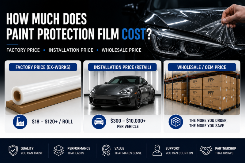 paint protection film cost comparison infographic with factory price installation price and wholesale oem pricing for automotive ppf