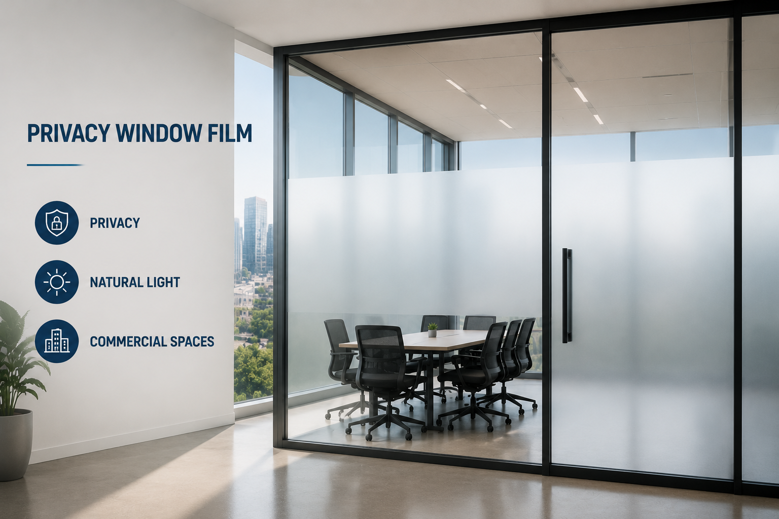 commercial window film for office glass reducing glare and heat while maintaining natural daylight in modern office interior