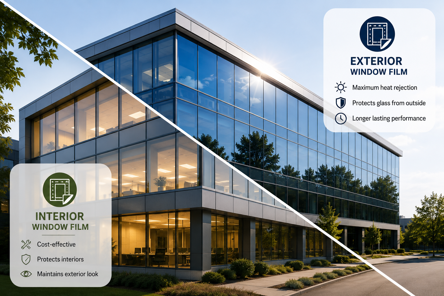 comparison of exterior and interior architectural window film installation on a commercial office building showing different application methods and performance benefits