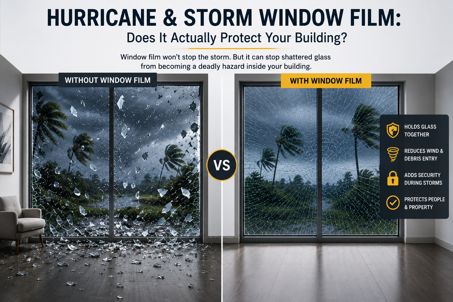 hurricane and storm window film comparison showing shattered unprotected glass versus safety film protected building windows during severe weather
