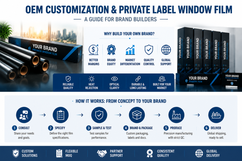 Private label OEM window film brand packaging boxes displayed in a professional product lineup with multiple branded cartons and window film rolls for distributors and manufacturers.
