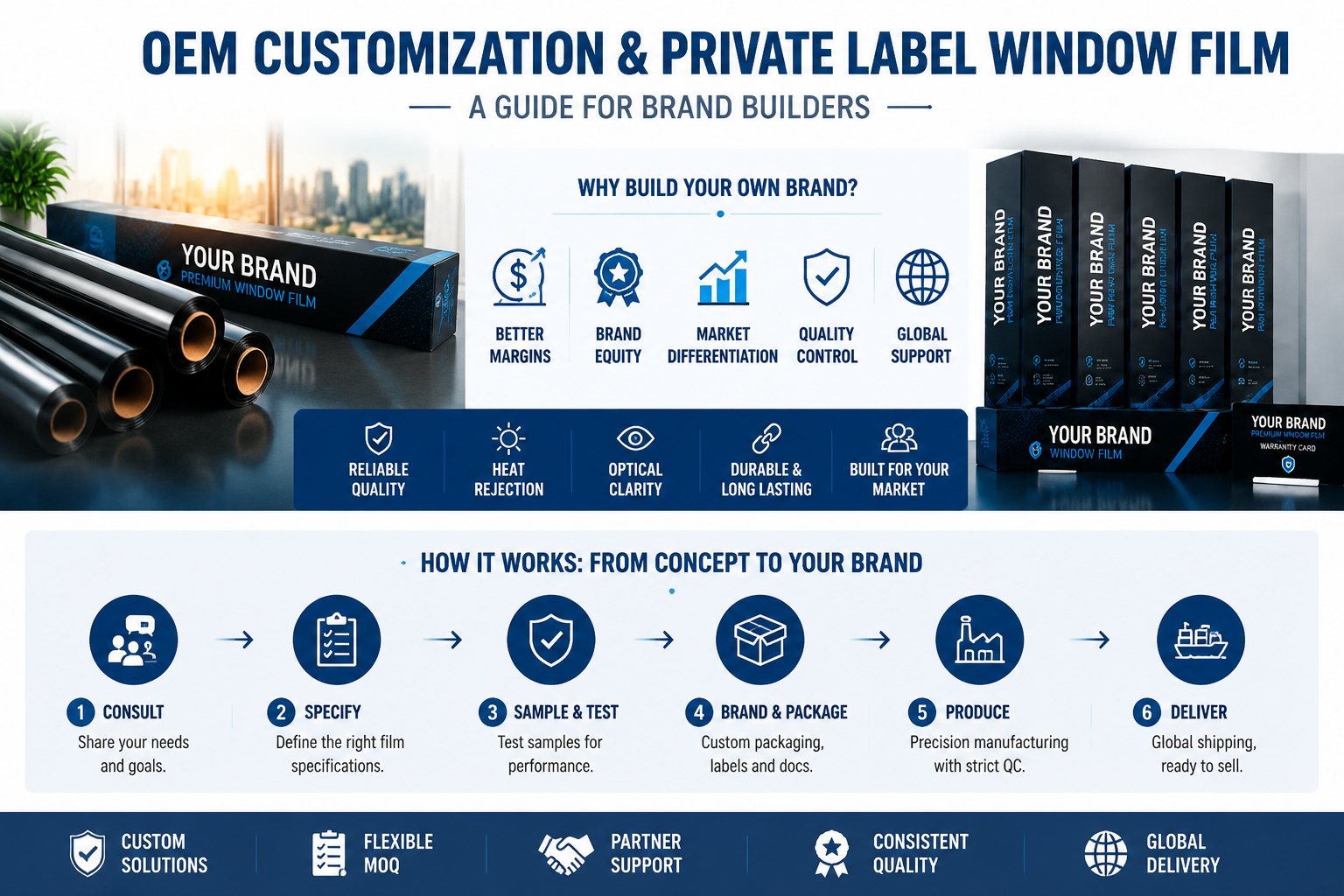 Private label OEM window film brand packaging boxes displayed in a professional product lineup with multiple branded cartons and window film rolls for distributors and manufacturers.