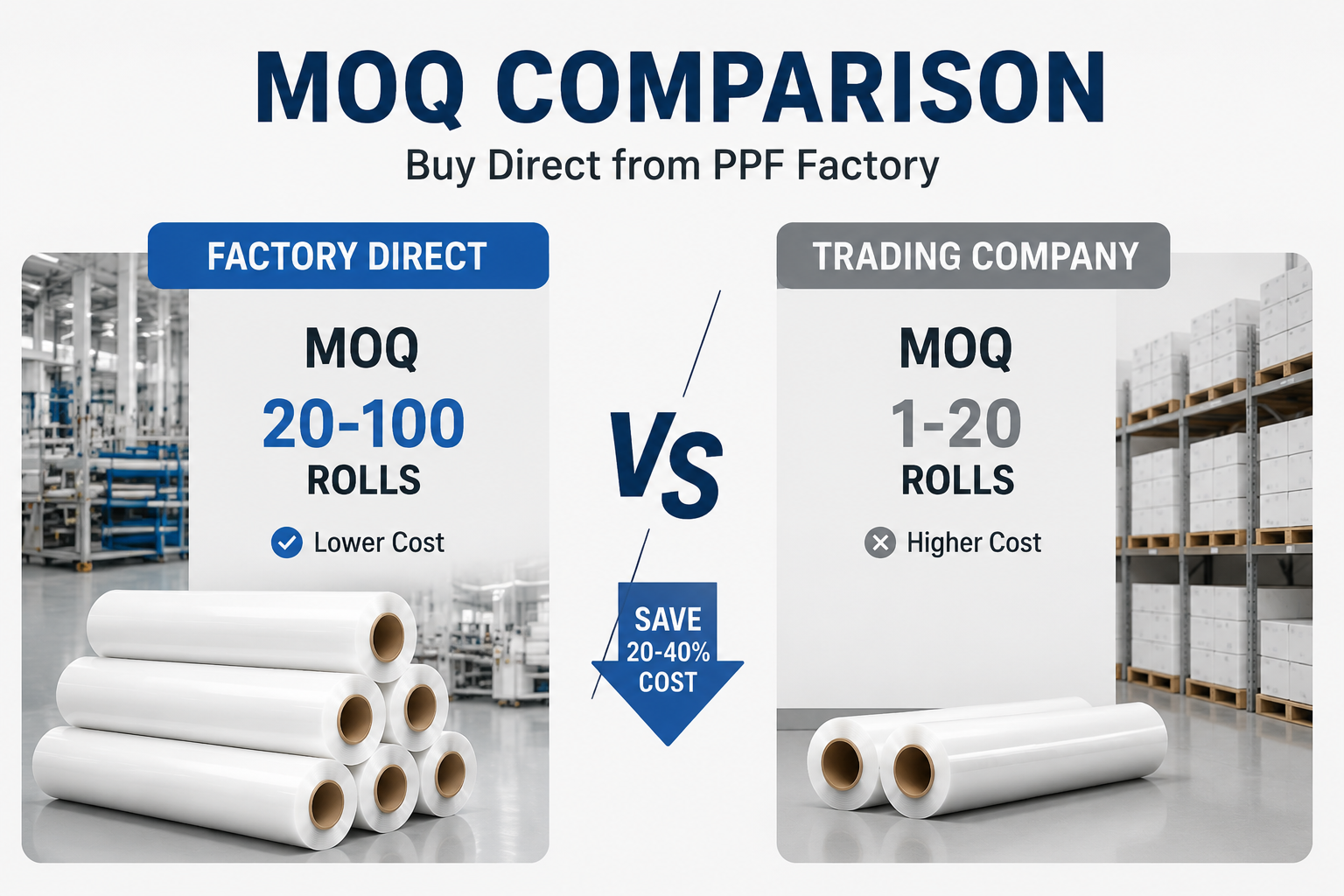 PPF factory direct vs trading company MOQ comparison showing cost savings and minimum order quantity differences