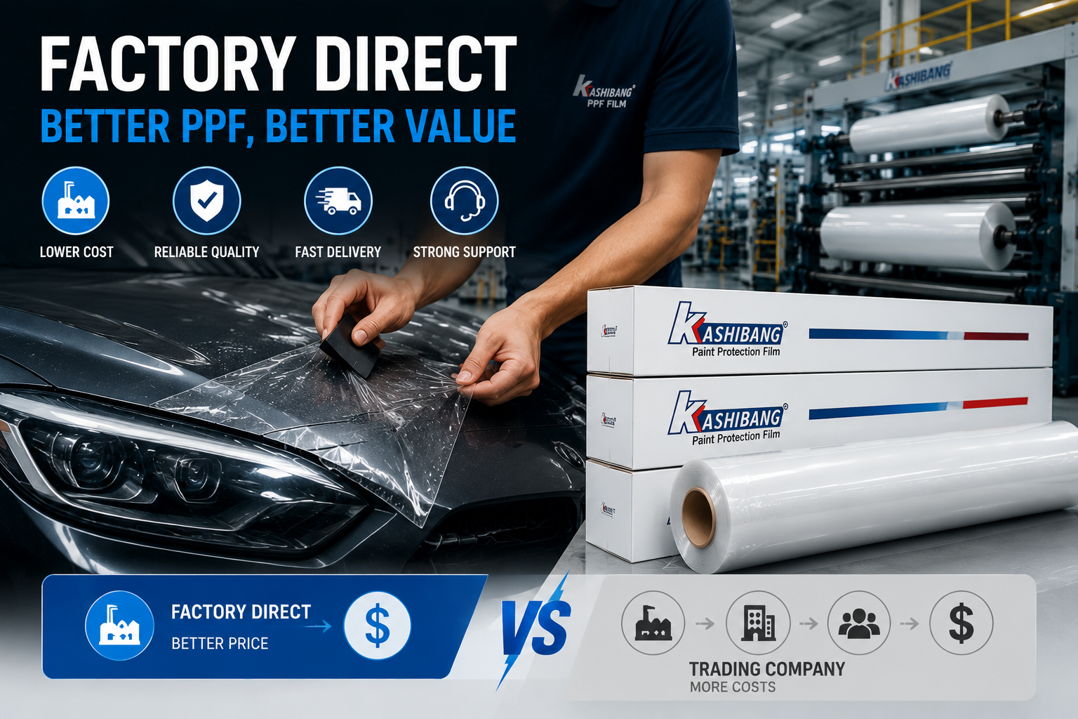 factory direct ppf supply vs trading company cost comparison with automotive paint protection film manufacturing and packaging warehouse scene