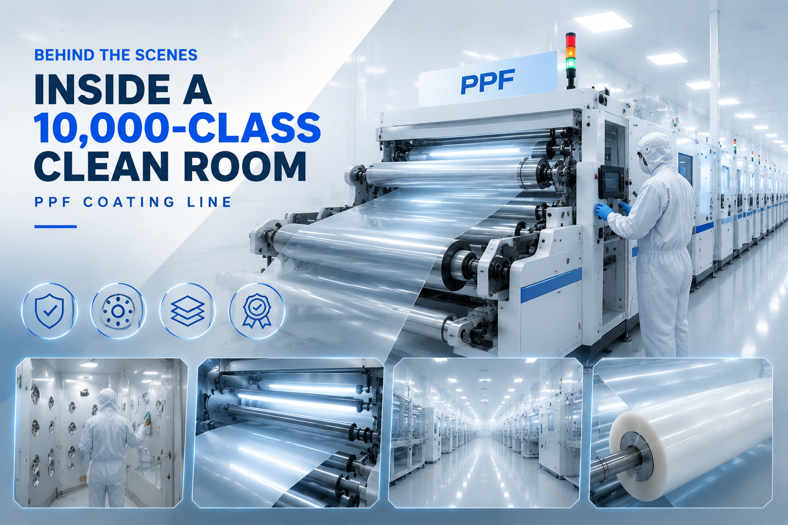 10,000-class clean room paint protection film (PPF) coating production line with automated machinery and dust-free manufacturing environment