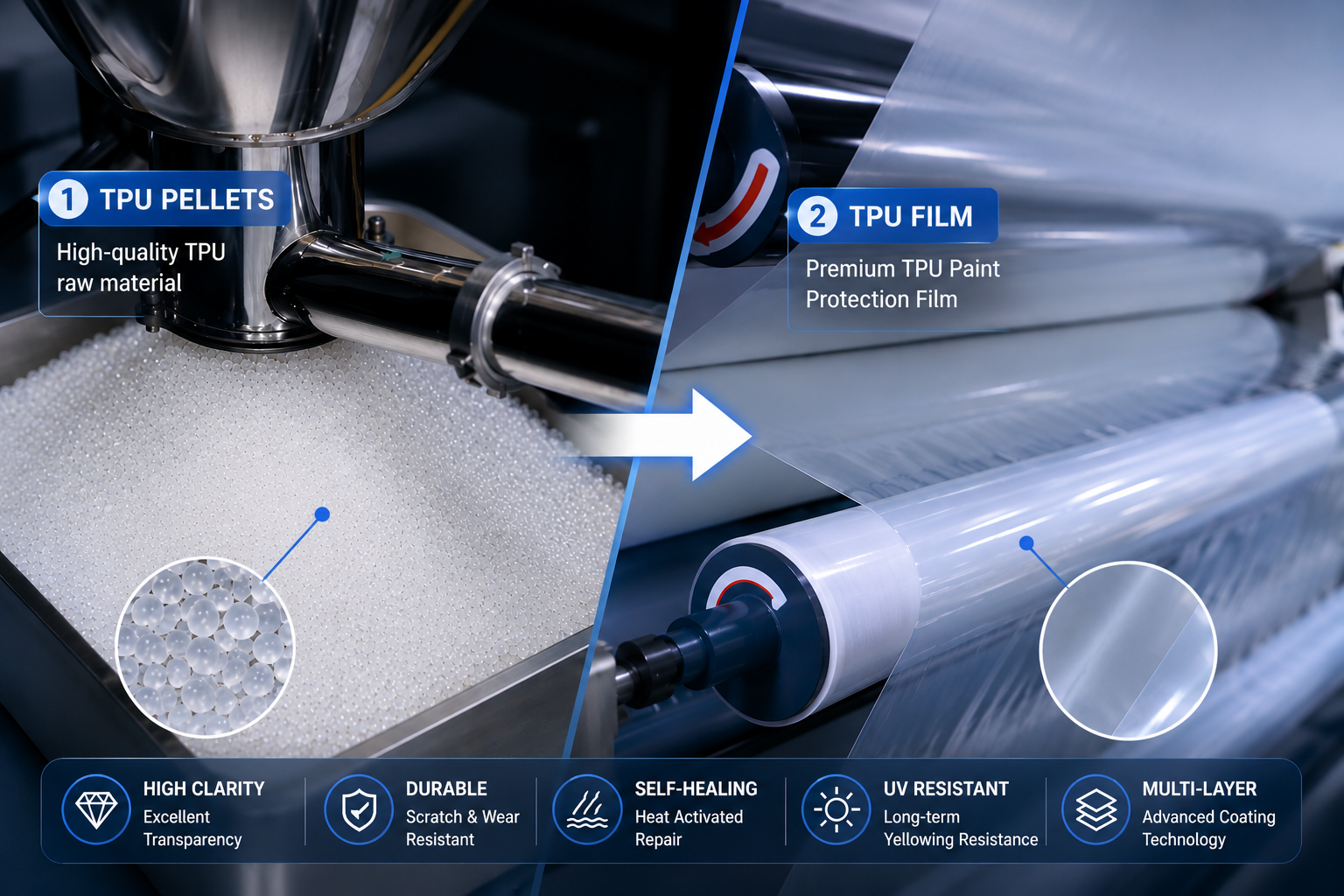 tpu pellets transformed into transparent tpu film through industrial extrusion and coating process for paint protection film manufacturing