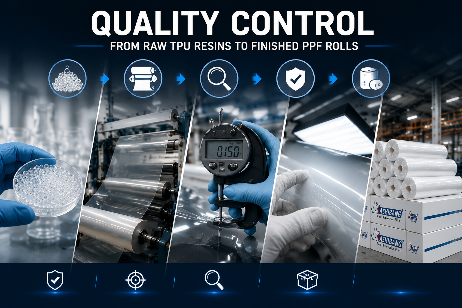 PPF quality control process from raw TPU resin inspection to finished roll testing and packaging at factory