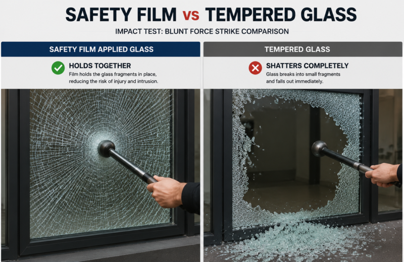 Safety film applied glass holding shattered fragments vs tempered glass breaking into pieces after blunt impact, showing security and safety protection difference