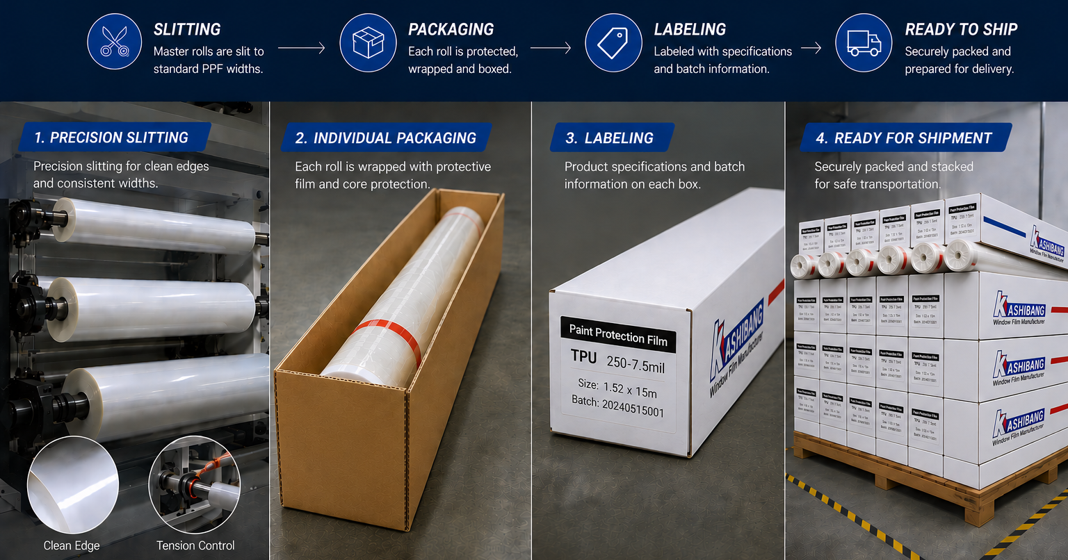 ppf slitting packaging and labeling process with precision cutting, corrugated carton packaging, product labeling, and ready for shipment display for paint protection film manufacturing
