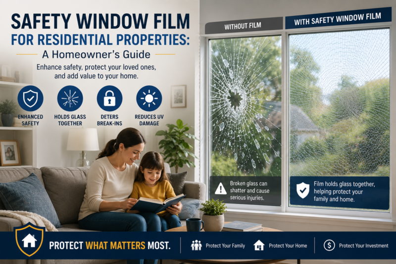 residential safety window film protecting family members from broken glass hazards in home windows and sliding glass doors