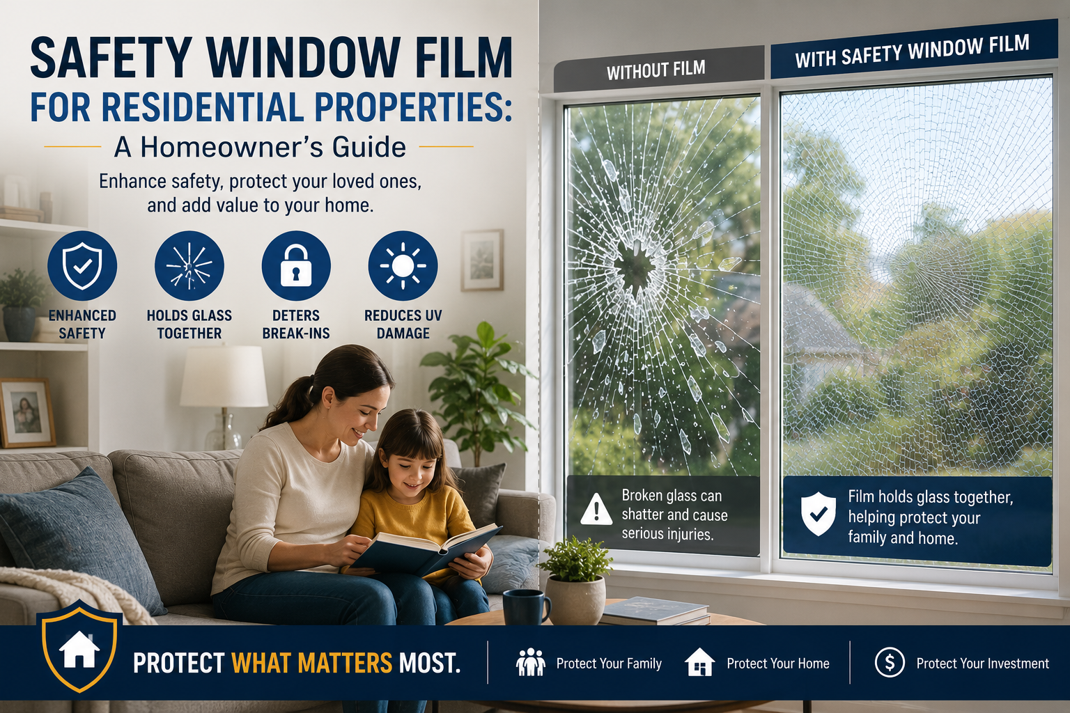 residential safety window film protecting family members from broken glass hazards in home windows and sliding glass doors