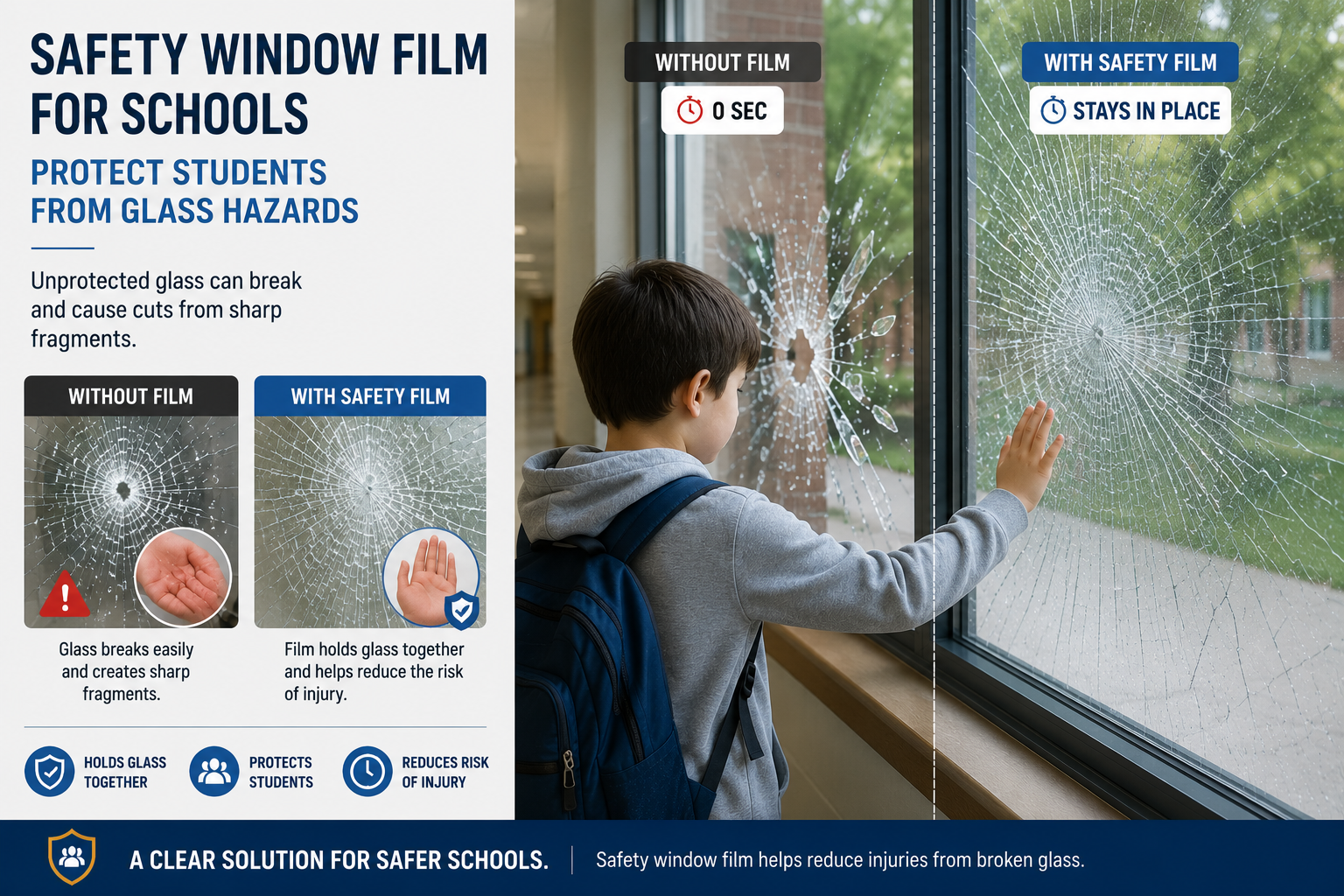 safety window film for schools comparison showing unprotected school glass and safety film protected glass to reduce student injuries from broken windows