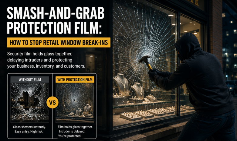 smash and grab protection film preventing retail break-ins as a thief attempts to smash a jewelry store window protected by security film