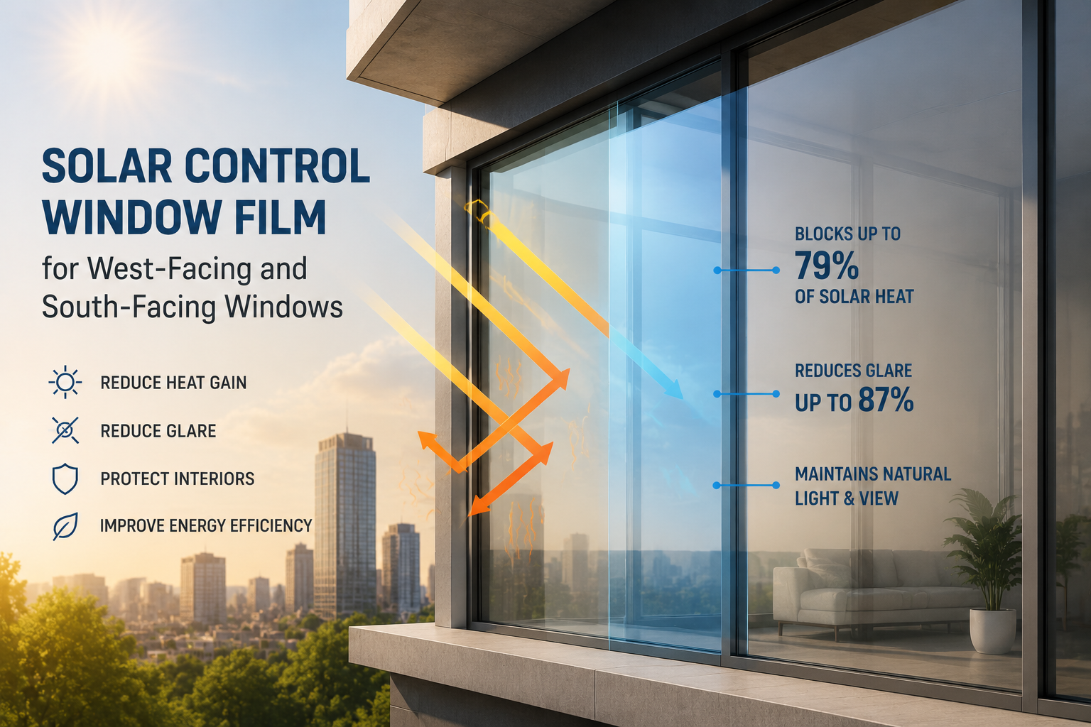 Solar control window film installed on commercial building west-facing glass reducing heat gain and glare