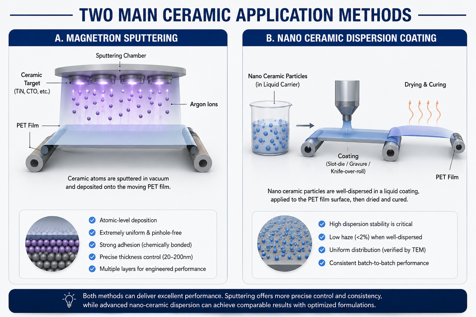two ceramic application methods comparison magnetron sputtering and nano ceramic dispersion coating for window film manufacturing process diagram