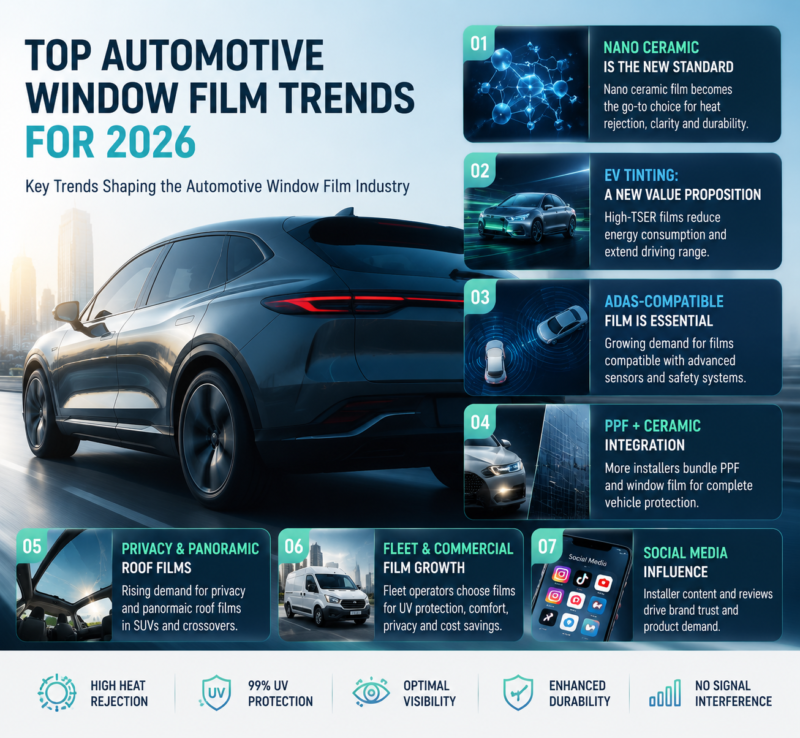 Minimal infographic showing automotive window film trends in 2026 and next generation technology