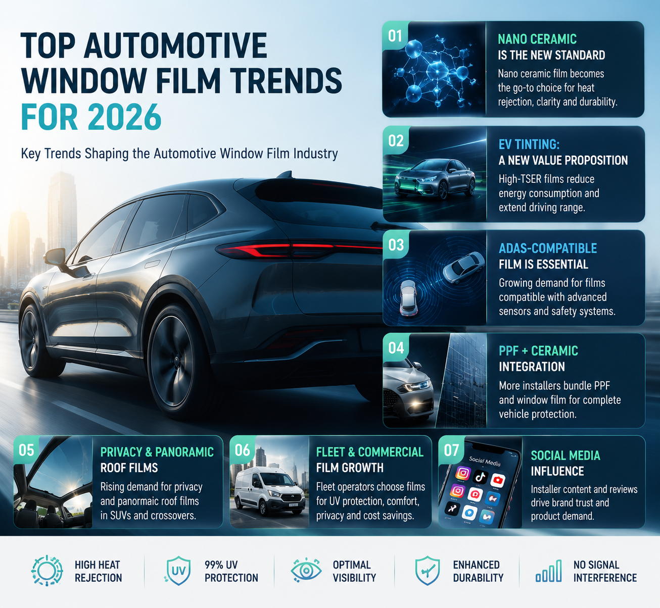 Minimal infographic showing automotive window film trends in 2026 and next generation technology