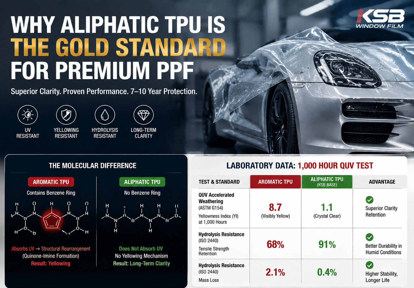 Aliphatic TPU vs aromatic TPU paint protection film comparison infographic showing UV resistance, hydrolysis resistance, QUV accelerated weathering test data and long-term clarity performance for automotive PPF