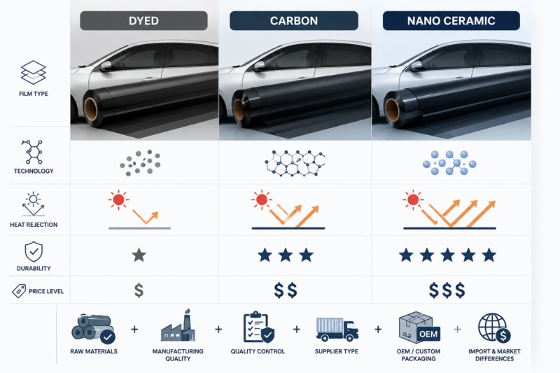 window film pricing comparison infographic showing dyed film, carbon film, and nano ceramic film with heat rejection and quality differences