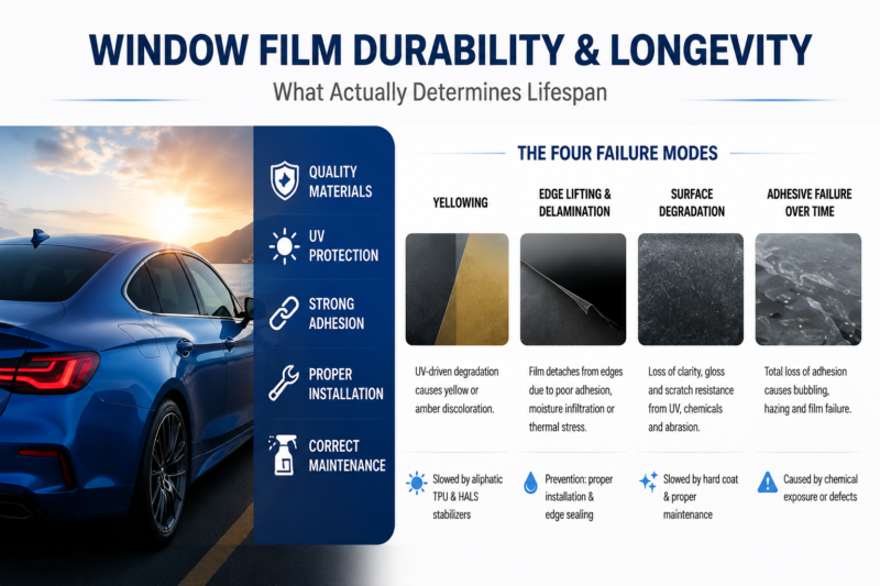 Window film durability and longevity infographic showing key lifespan factors including UV protection, installation quality, maintenance, and four main failure modes: yellowing, edge lifting, surface degradation, and adhesive failure.