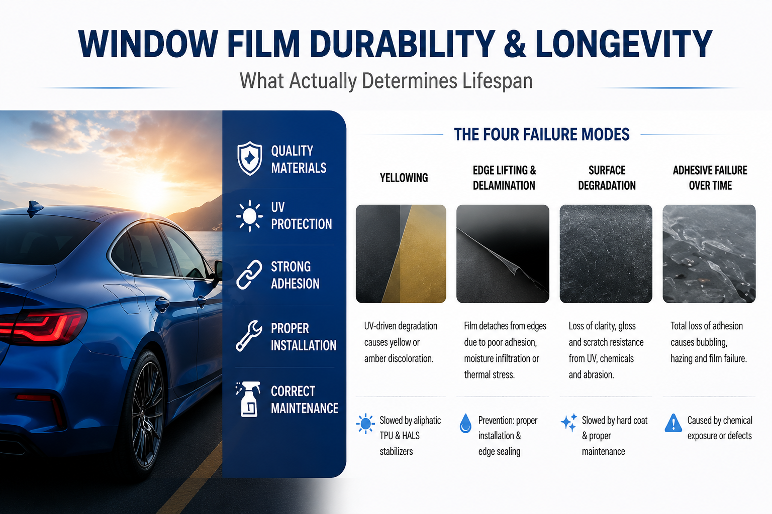 Window film durability and longevity infographic showing key lifespan factors including UV protection, installation quality, maintenance, and four main failure modes: yellowing, edge lifting, surface degradation, and adhesive failure.