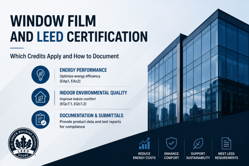 modern LEED certification infographic for architectural window film showing energy performance and building compliance