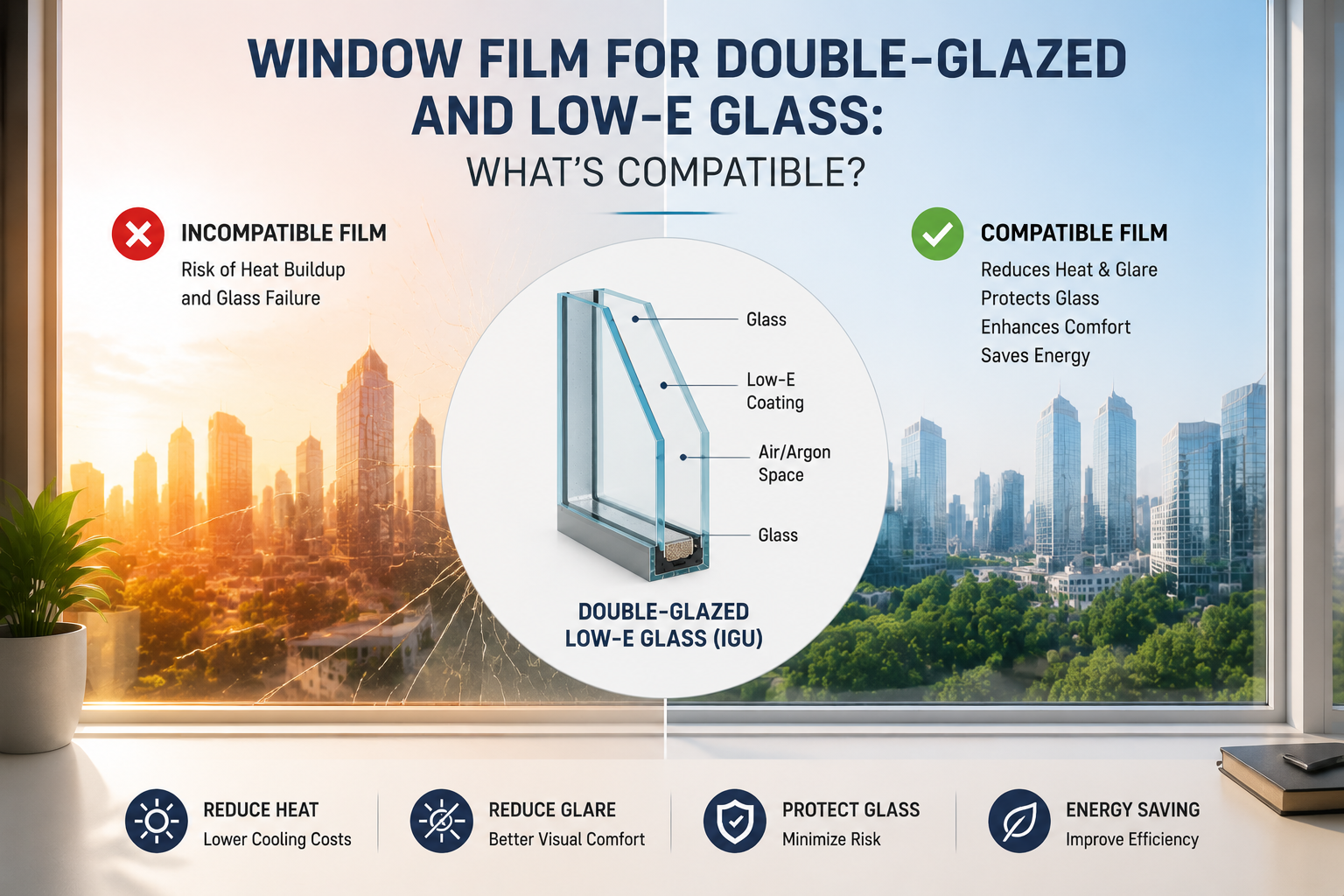 Window film compatibility with double glazed and Low-E glass showing safe and unsafe installation comparison