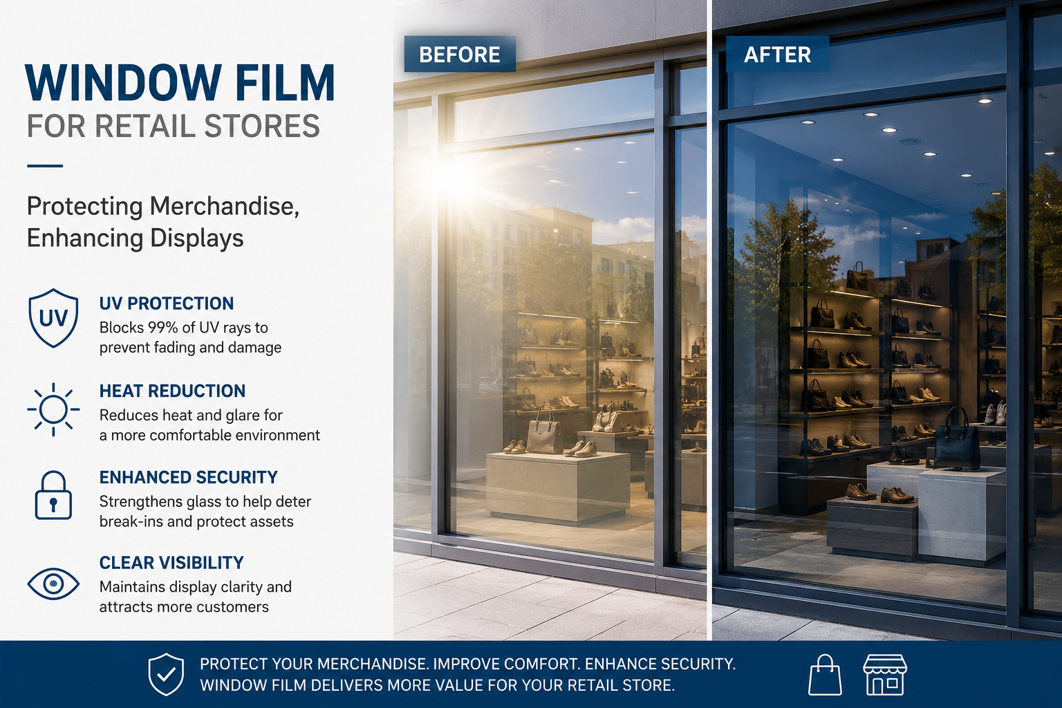 retail window film with UV protection, heat reduction and security enhancement for commercial shopfront displays
