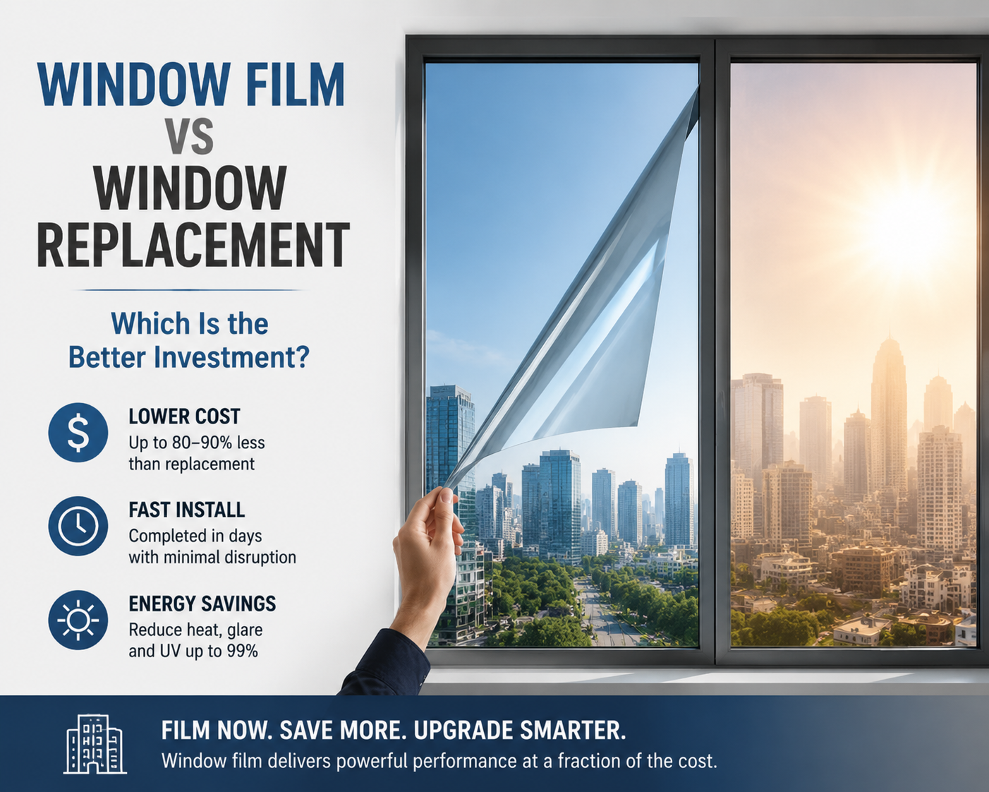 Window film installation showing peel and apply process on glass for heat and privacy control