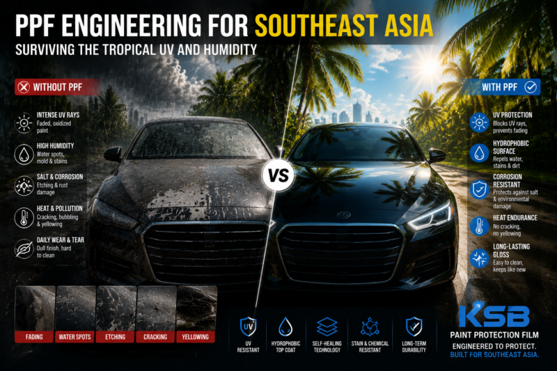 Split comparison of car paint protection performance with and without hydrophobic PPF in Southeast Asia tropical climate