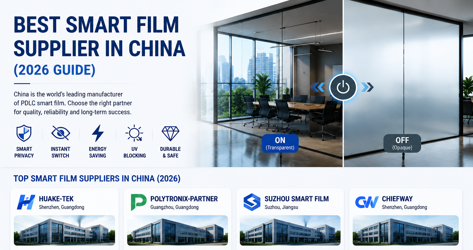 Smart film supplier comparison infographic showing smart glass office application, PDLC switchable film ON/OFF function, and top smart film manufacturers in China with certifications and quality factors